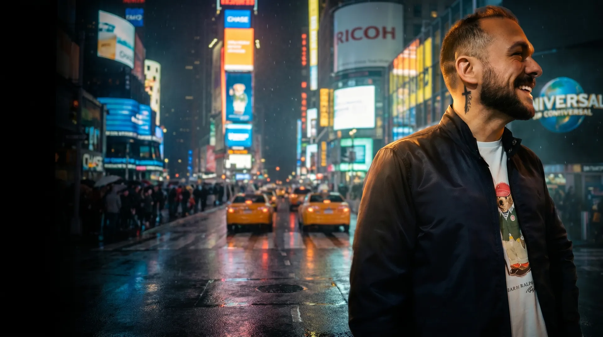 João Roverci na Times Square ao entardecer